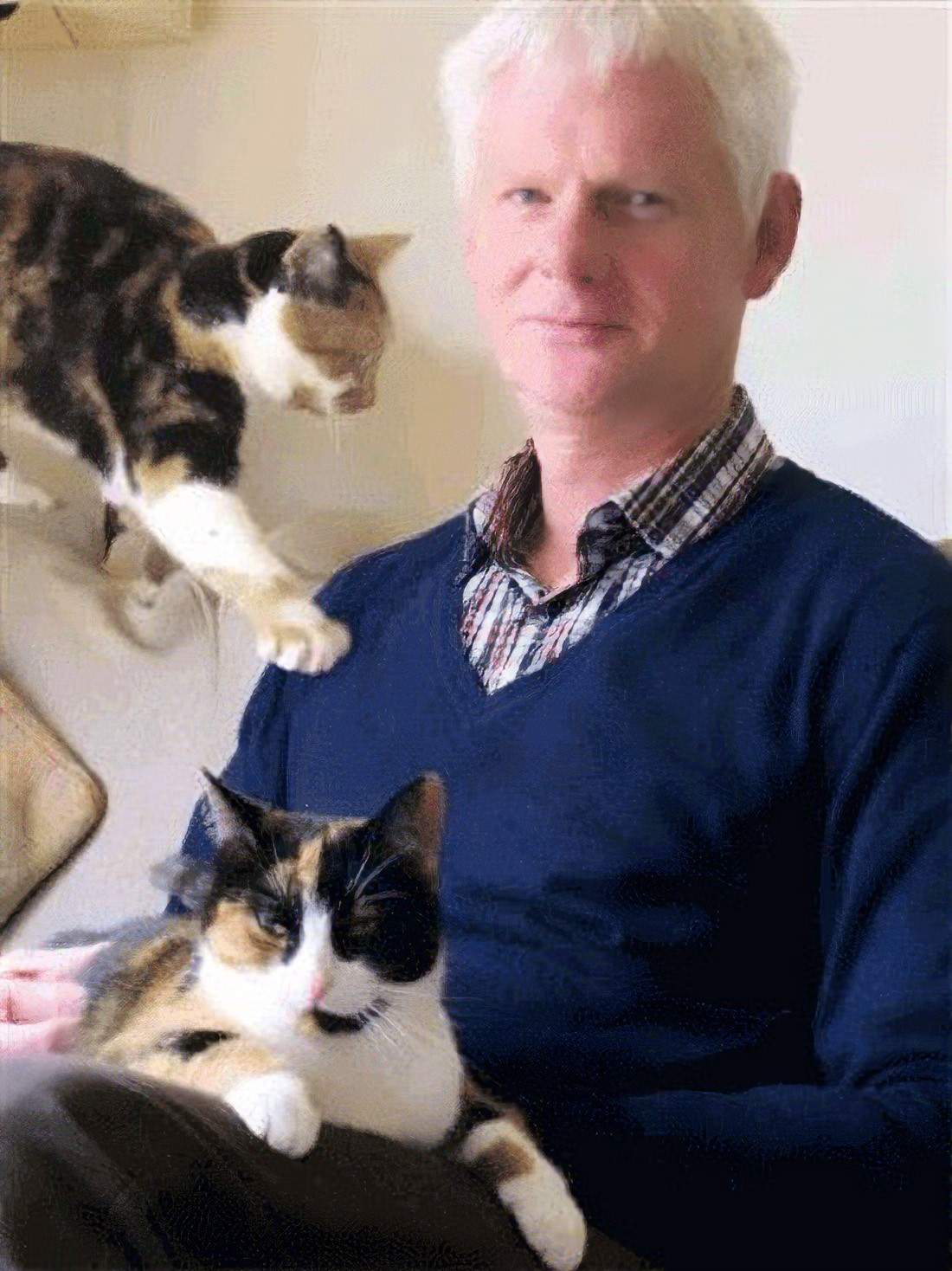 A person sitting with two cats